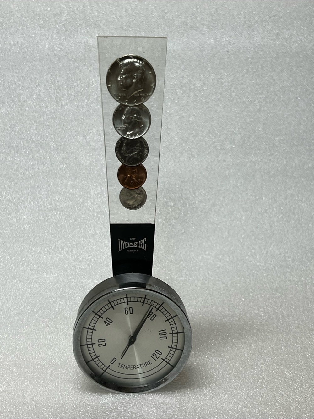 Vintage Temperature gauge with Collection of US Coins in Acrylic Display
